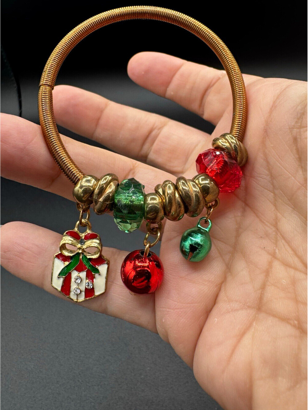 Christmas Charm Coil Bracelet Gift Box Jingle Bells Red Green Gold Holiday